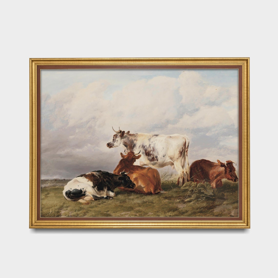 Four Cows Resting in a Meadow Under a Cloudy Sky Vintage Oil Poster - Image 3