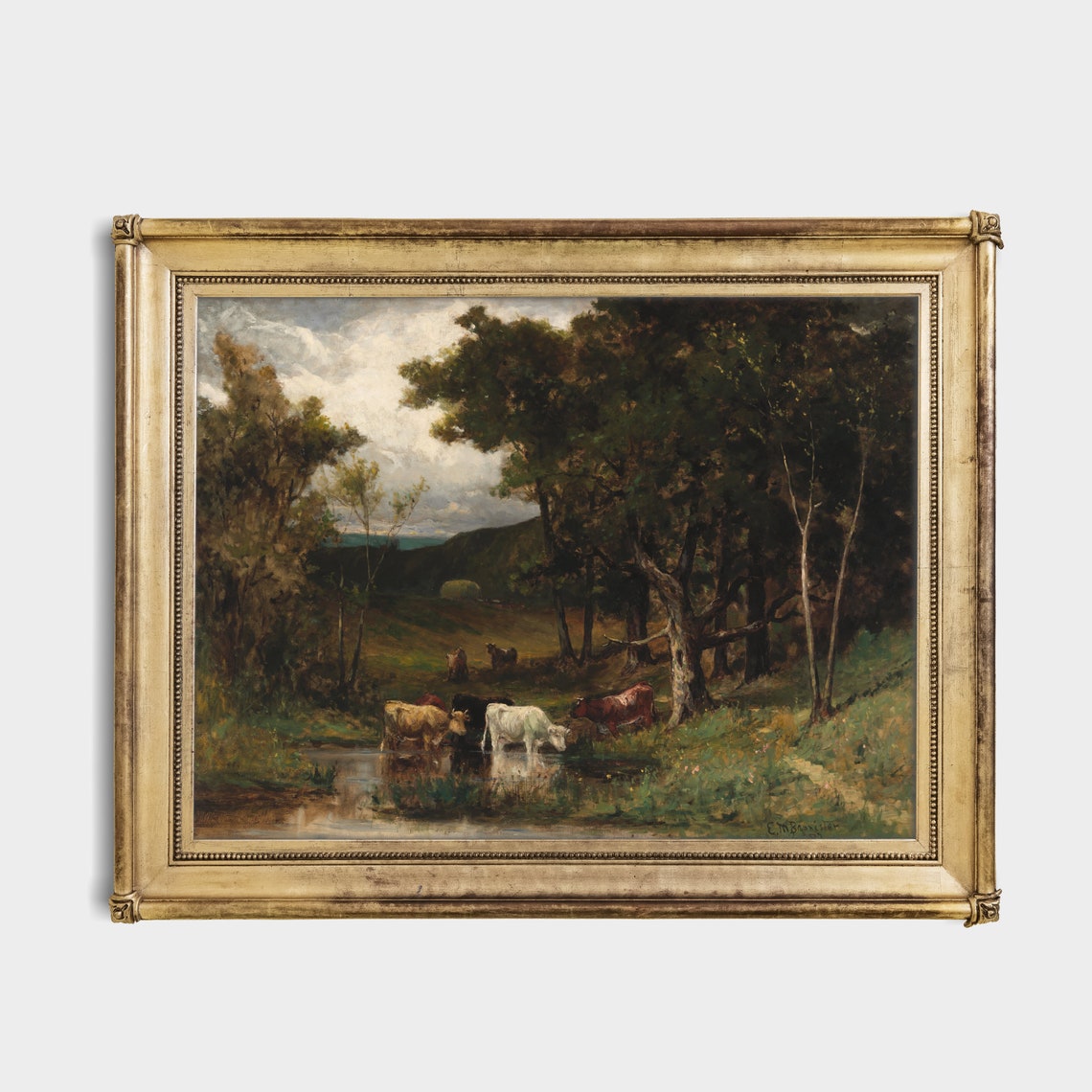 Cows Drinking at a Forest Stream Moody Vintage Oil Painting Poster - Image 2