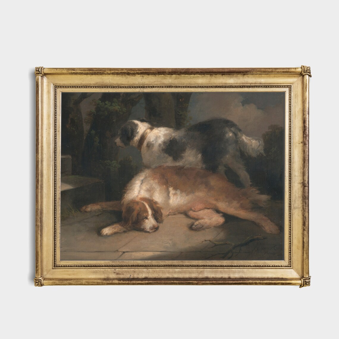 Two Resting Dogs Antique Oil Painting Vintage Canine Art Poster - Image 4
