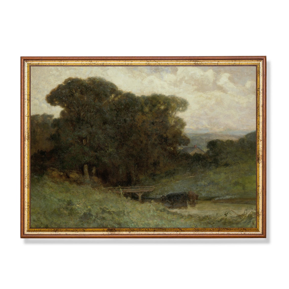 Barbizon Forest Stream with Drinking Cattle Moody Landscape Oil Print