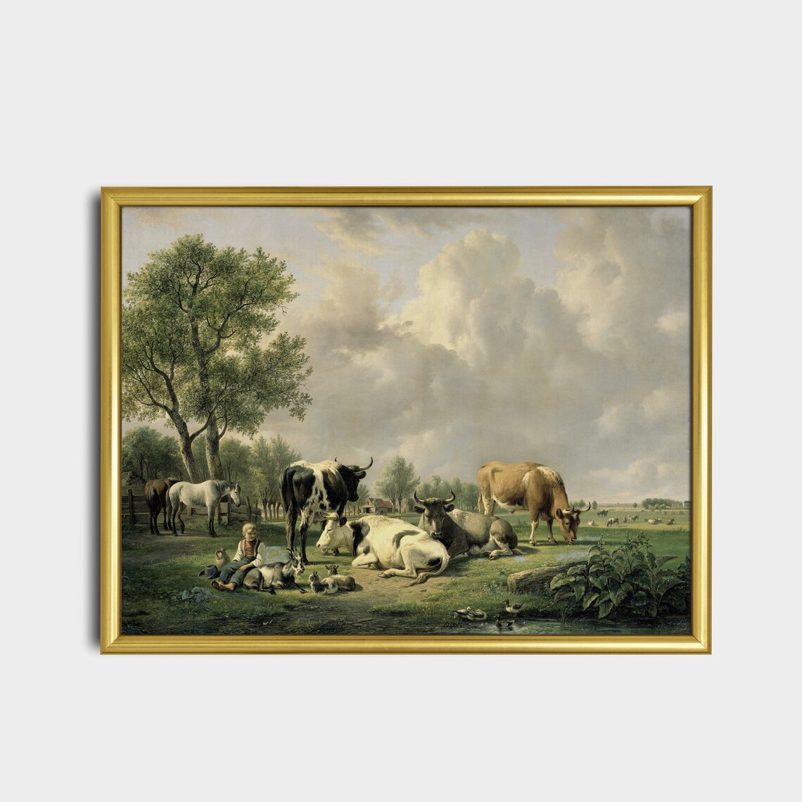 Animals in the Meadow Vintage Country Landscape Art Print - Image 2