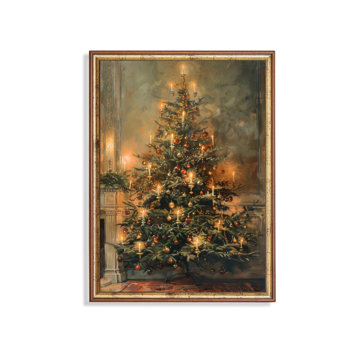 Candlelit Christmas Tree Ornaments Vintage Holiday Art Poster