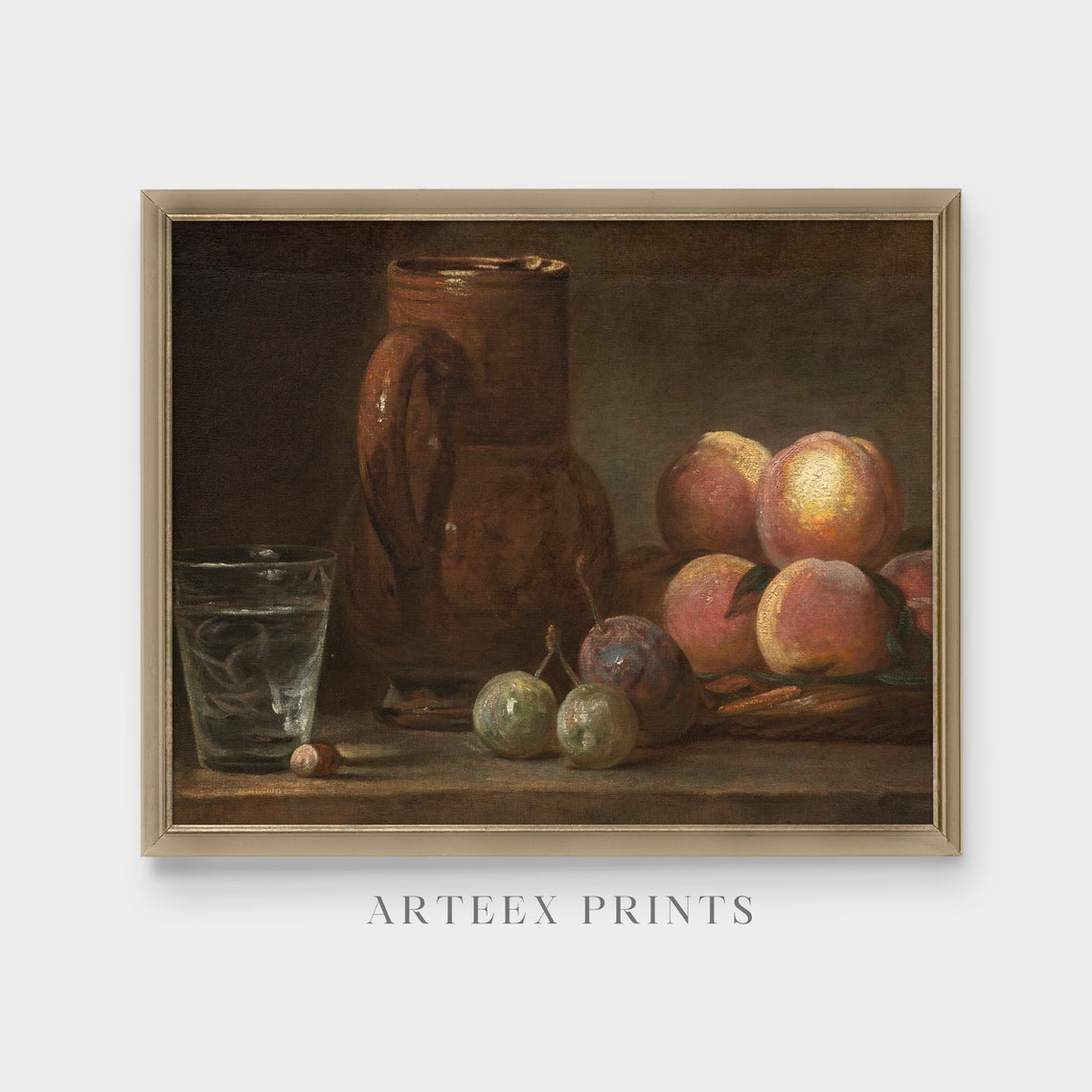 Dark Still Life with Earthenware Jug, Peaches and Plums Poster - Image 4