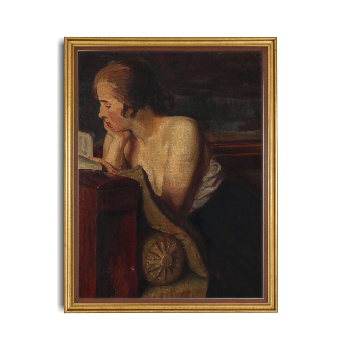 Antique Oil Portrait of a Woman Reading a Book at Her Desk Poster - Image 2