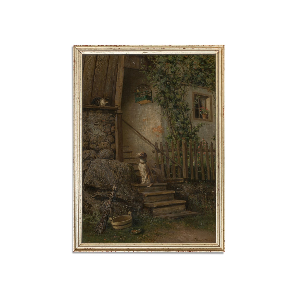 Dog and Cat on Rustic Cottage Steps Vintage Animal Painting Poster - Image 3