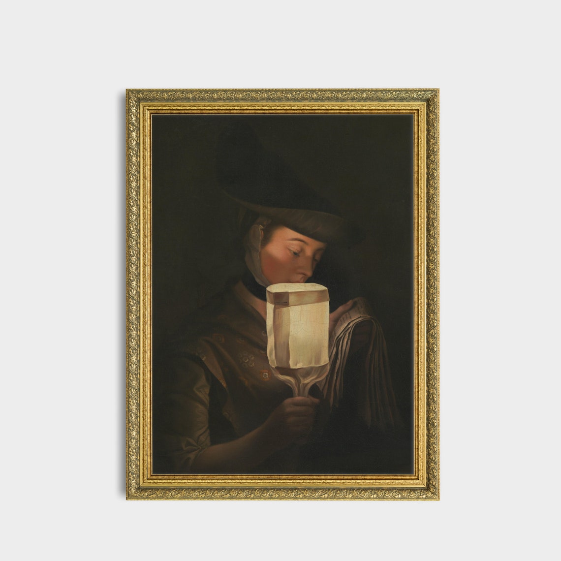 Woman Holding a Glowing Lantern Dark Vintage Candlelit Portrait Poster - Image 3