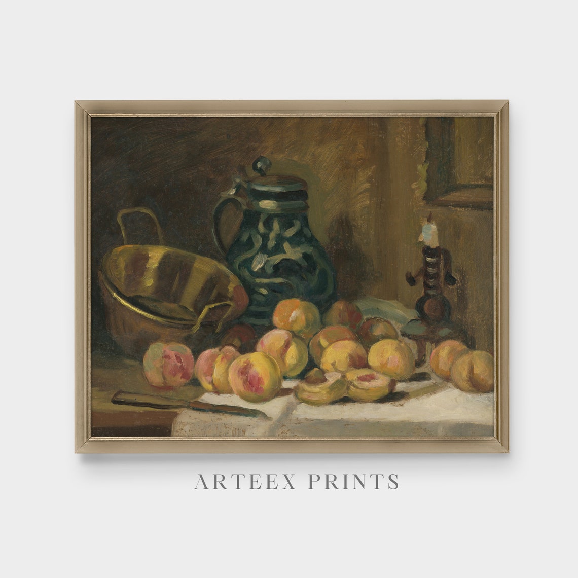 Still Life with Peaches and Blue Ceramic Jug Rustic Oil Poster - Image 3