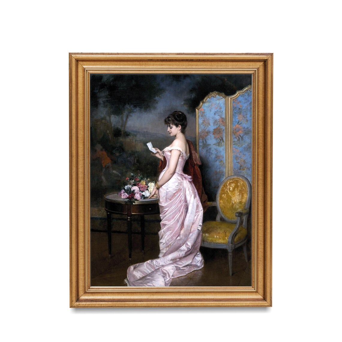 Elegant Woman in Pink Gown Reading Letter Antique Fine Art Portrait Poster - Image 2