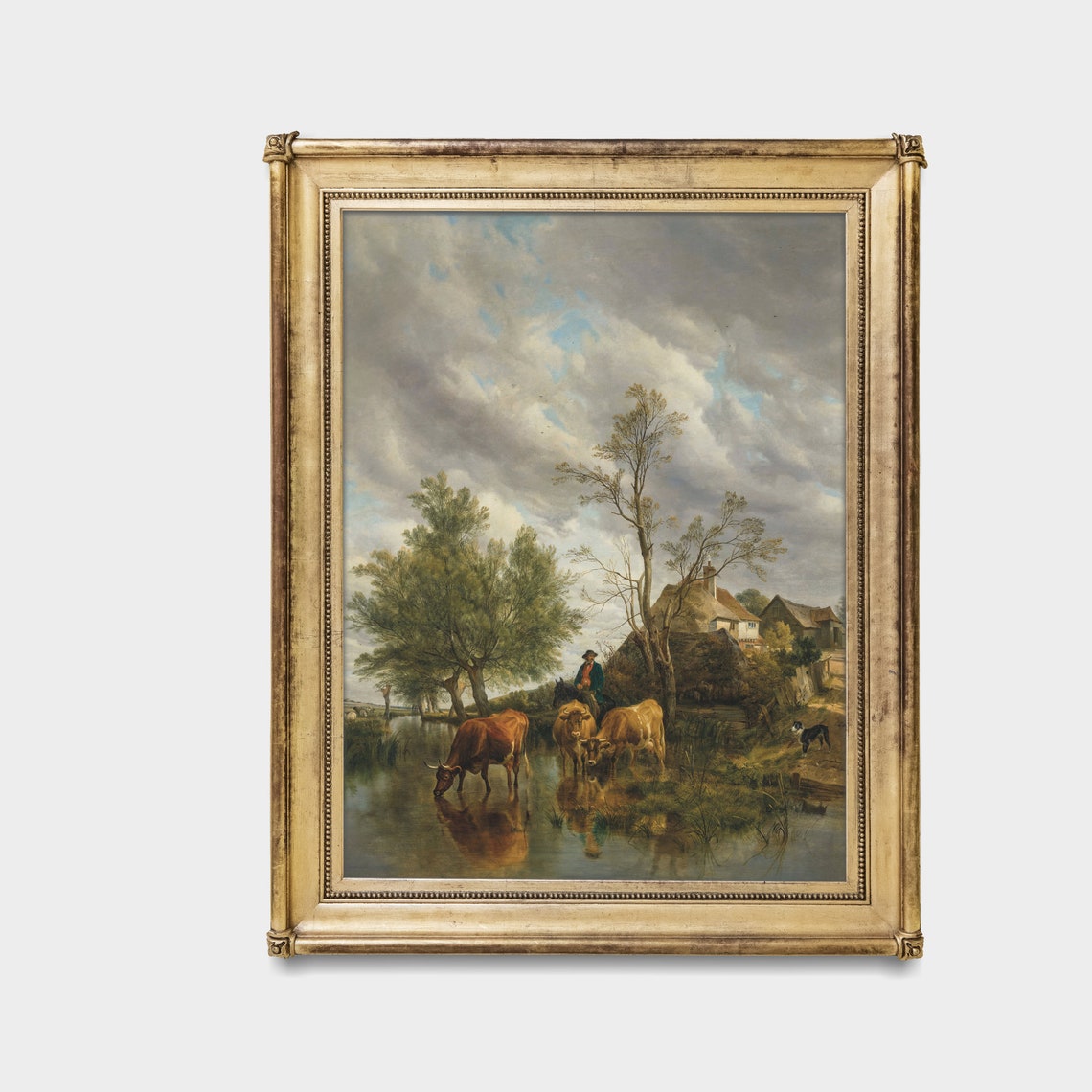 Cattle Drinking at Stream by Farm Cottage Vintage Rural Scene Poster - Image 3