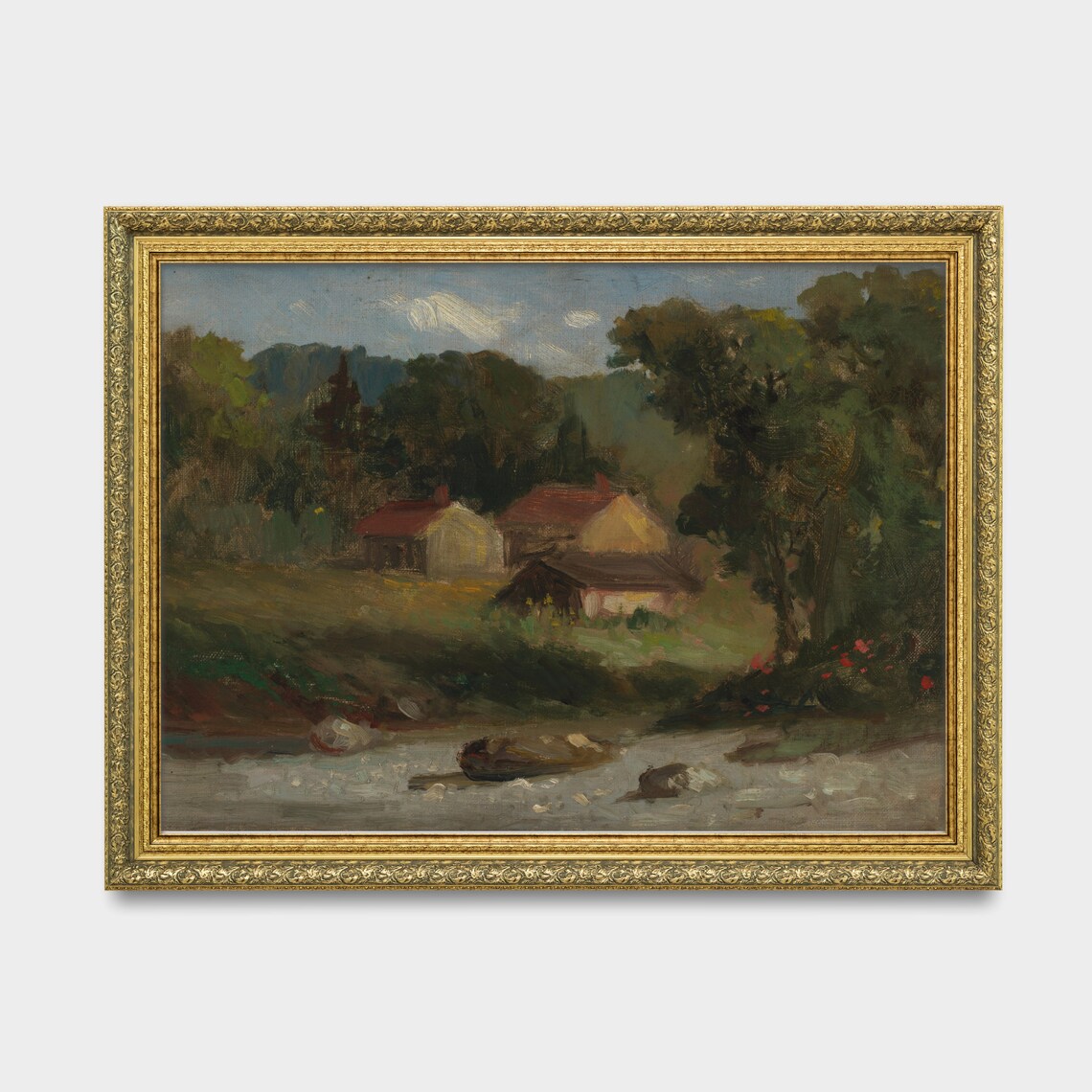 Impressionist Country Cottages By The River Landscape Art Poster - Image 3