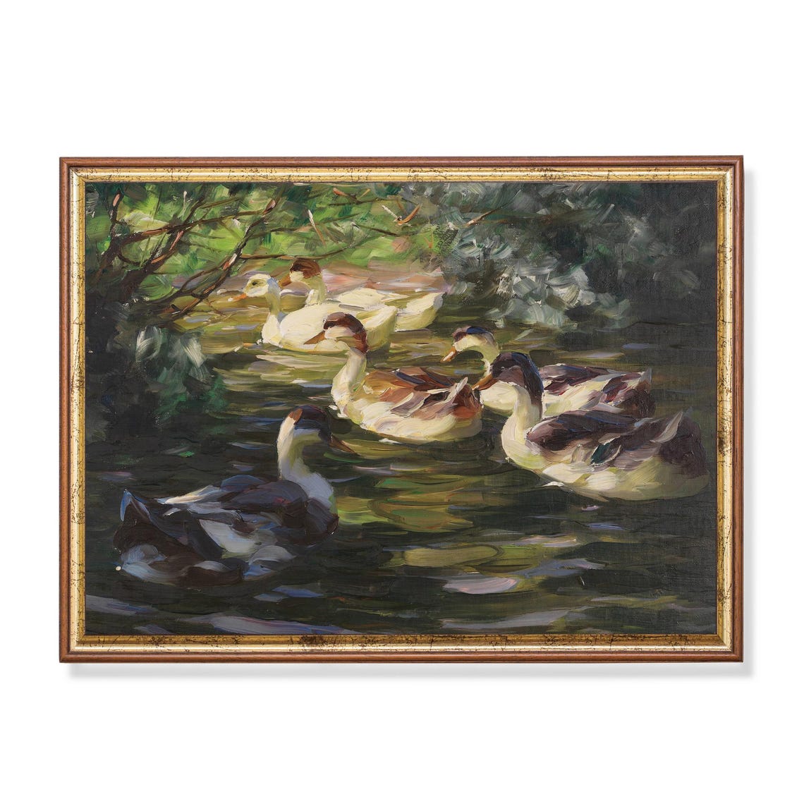 Six Ducks Swimming Pond Impressionist Vintage Bird Wildlife Art Poster