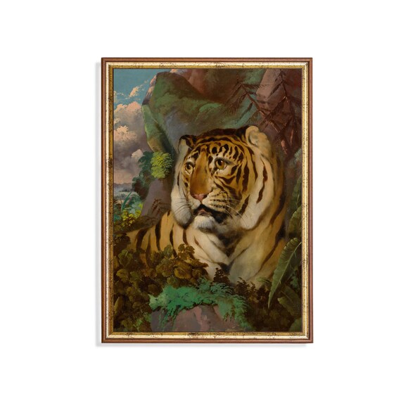 Tiger Resting Among Jungle Foliage Moody Wildlife Painting Poster