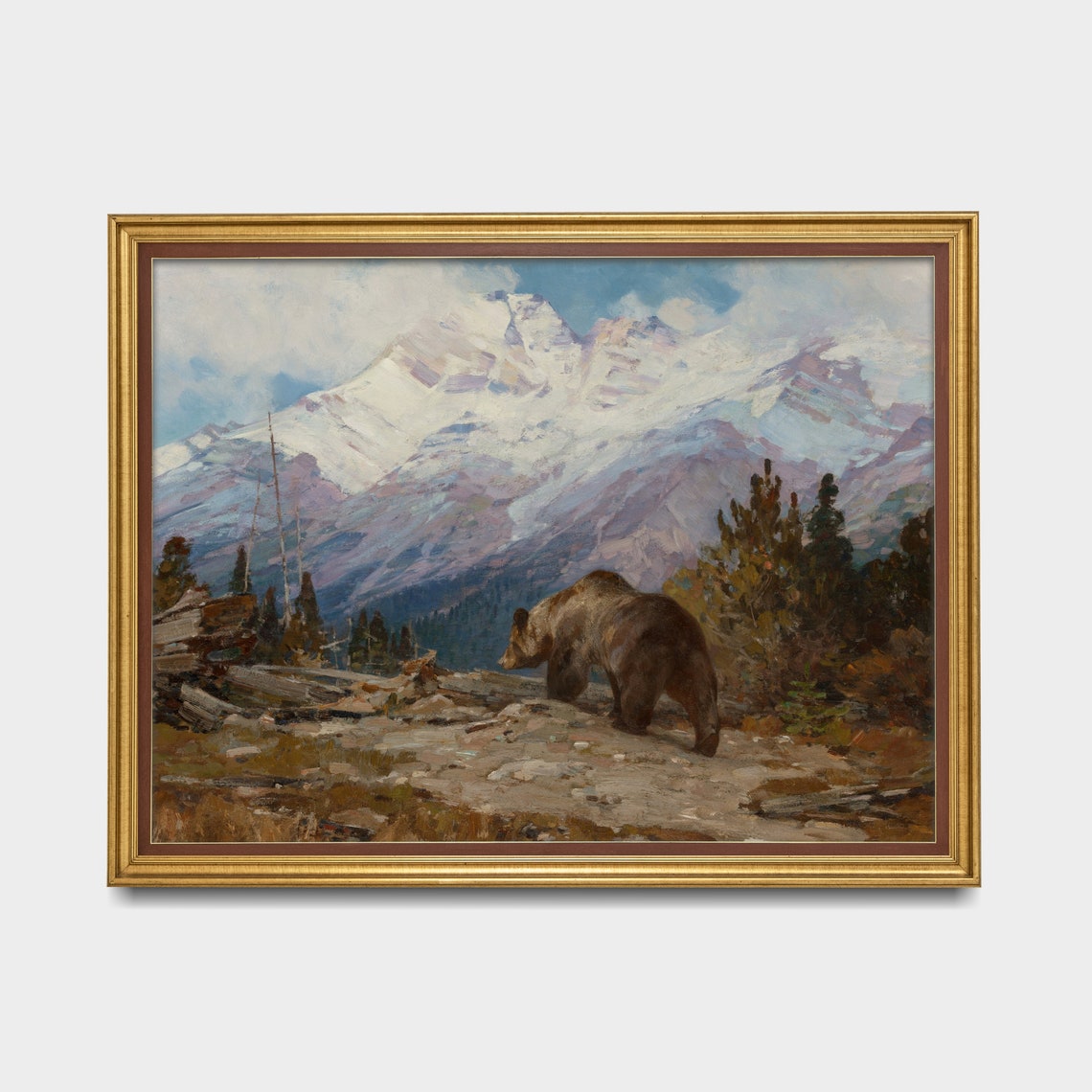 Grizzly Bear Below Snow Capped Alpine Peaks Wildlife Painting Poster - Image 5