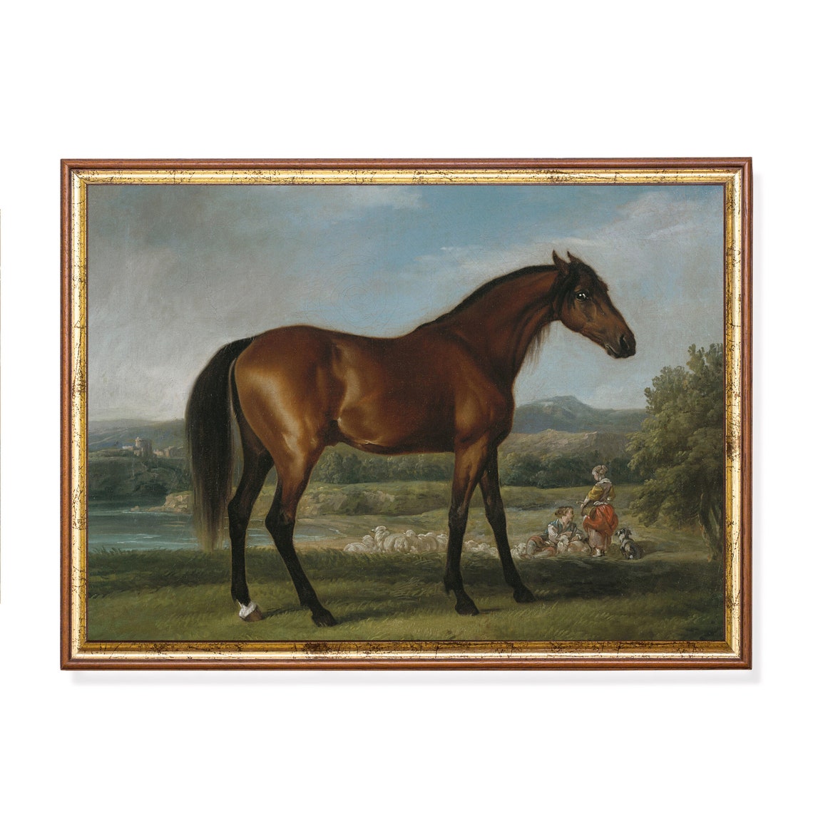 Bay Horse in River Valley Landscape with Sheep and Shepherds Poster