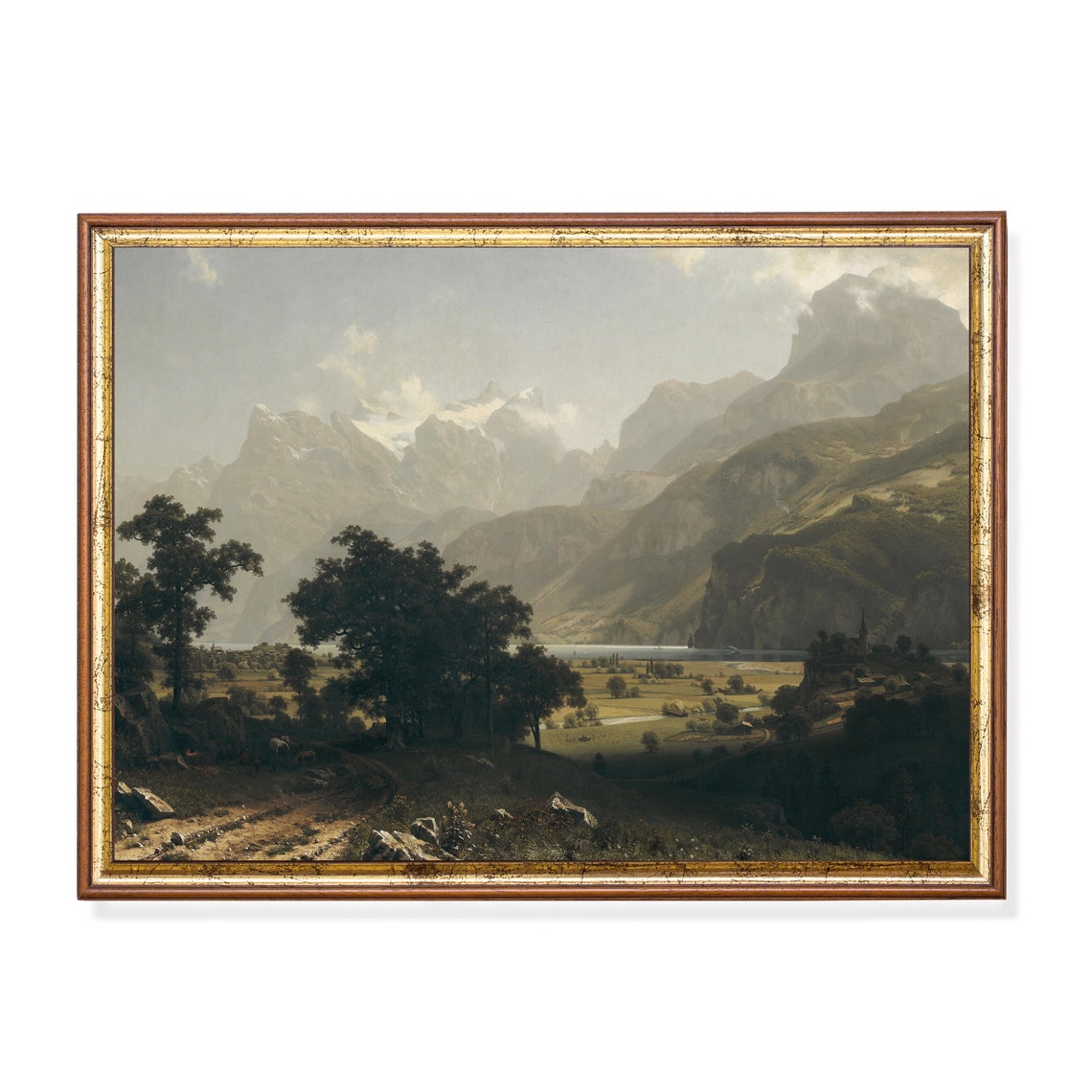 Alpine Valley Lake With Snow Peaks Vintage Mountain Landscape Poster