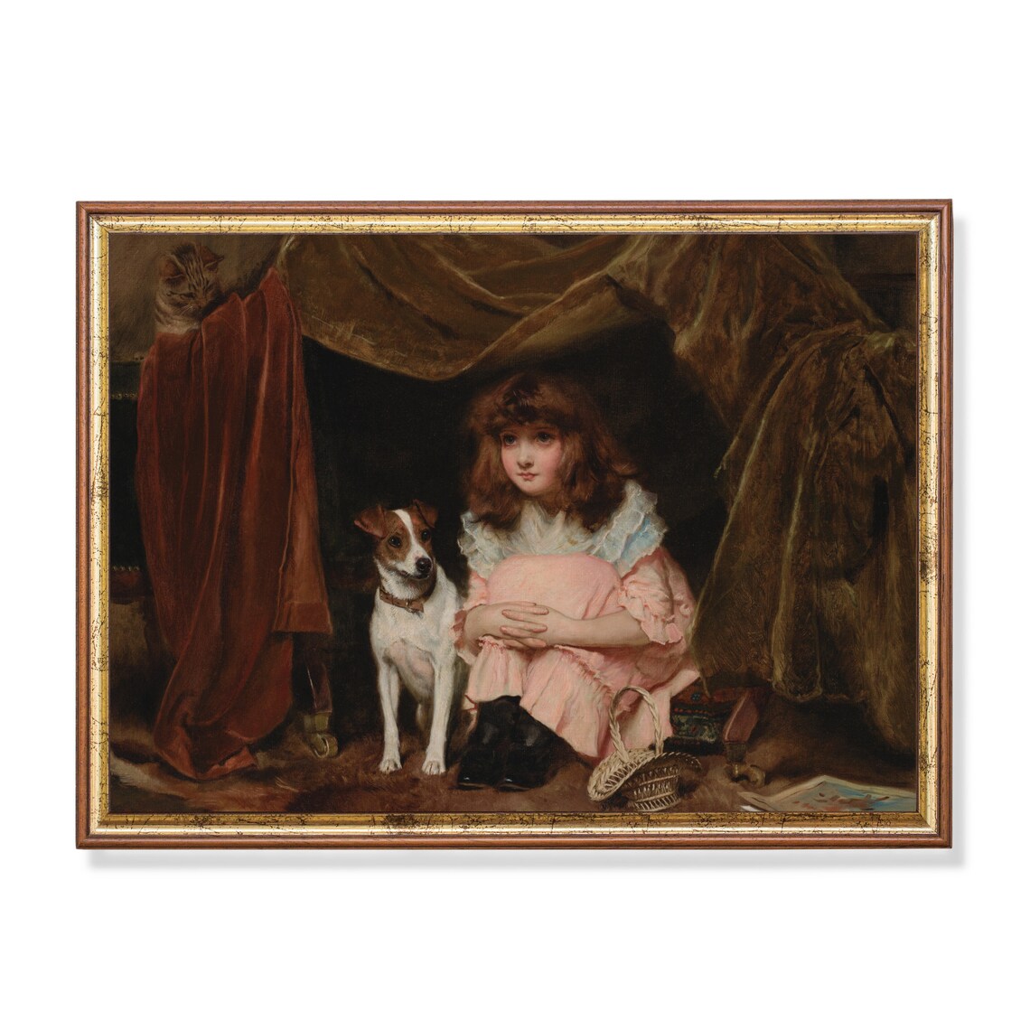 Girl in Pink Dress with Terrier Dog and Cat Vintage Portrait Print