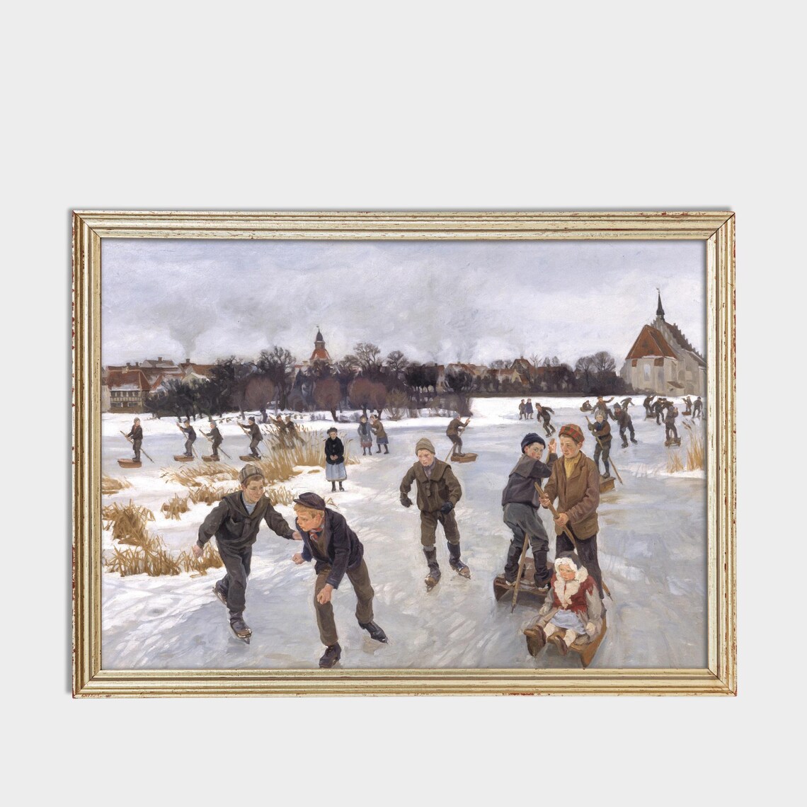 Children Ice Skating on Frozen Lake Vintage Winter Art Poster - Image 3