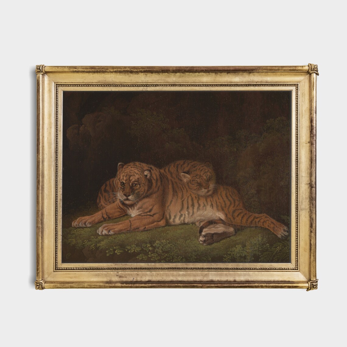 Two Tigers Resting Together in a Dark Forest Vintage Oil Painting Poster - Image 4