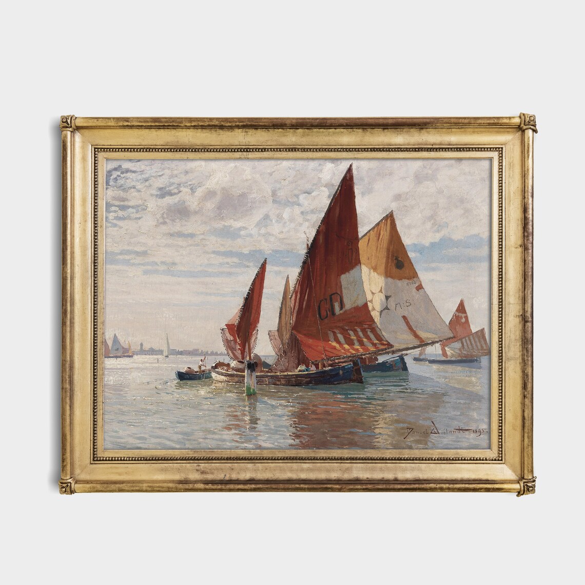 Venetian Fishing Boats With Red Sails On Calm Waters Antique Poster - Image 4