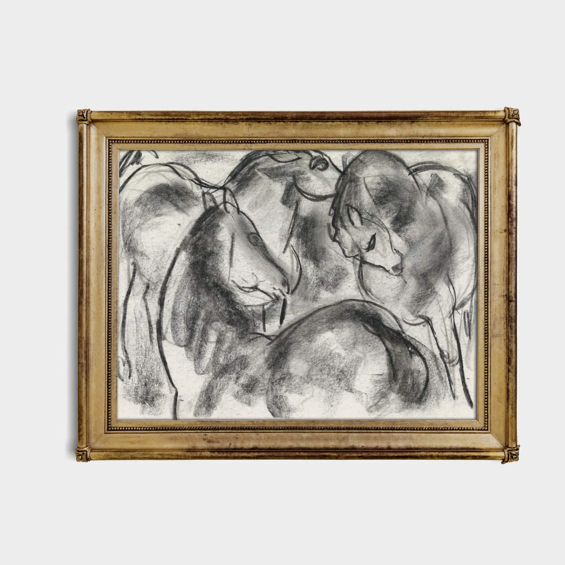 Three Horses Charcoal Sketch Heads Antique Equestrian Study Poster - Image 2