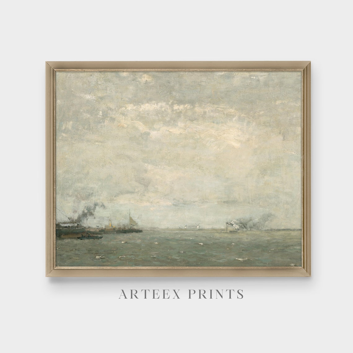 Gray Misty Harbor with Distant Steamships Muted Vintage Coastal Poster - Image 4