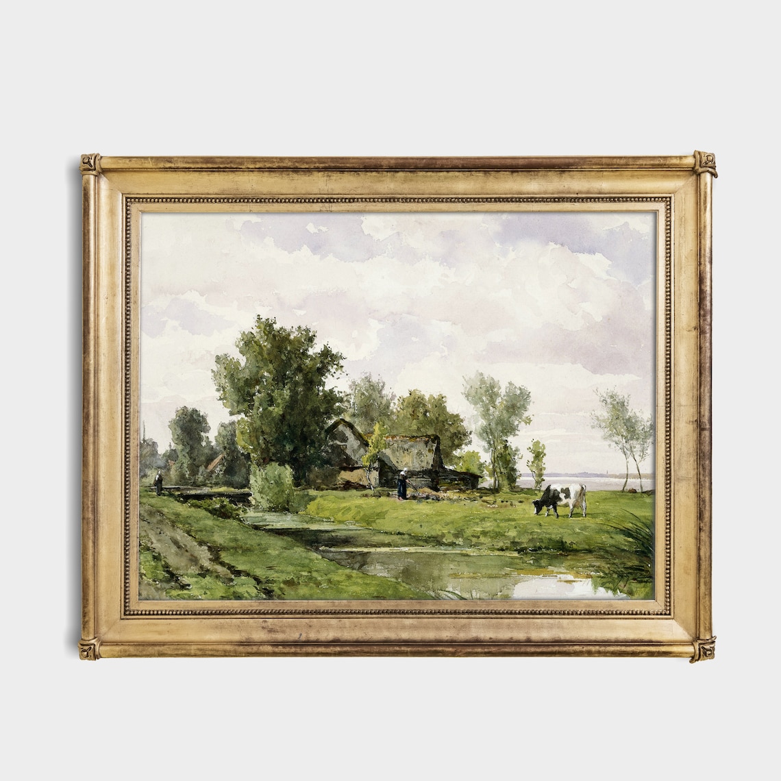 Country Cottage with Stream and Cow Vintage Farm Painting Poster - Image 2