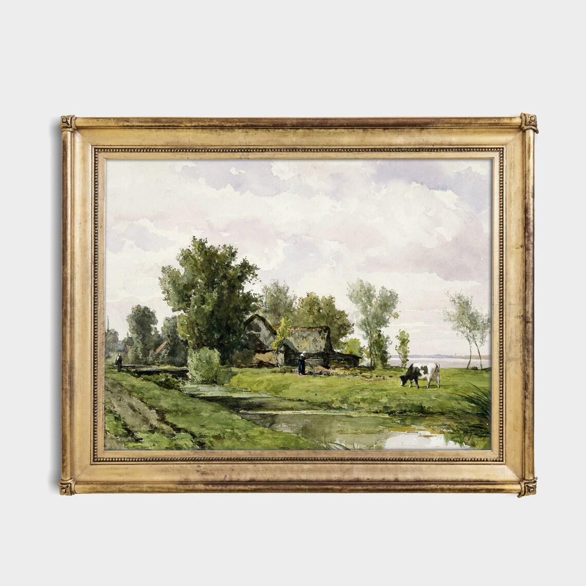 Dutch Riverside Meadow with Cow and Thatched Cottage Fine Art Poster - Image 2