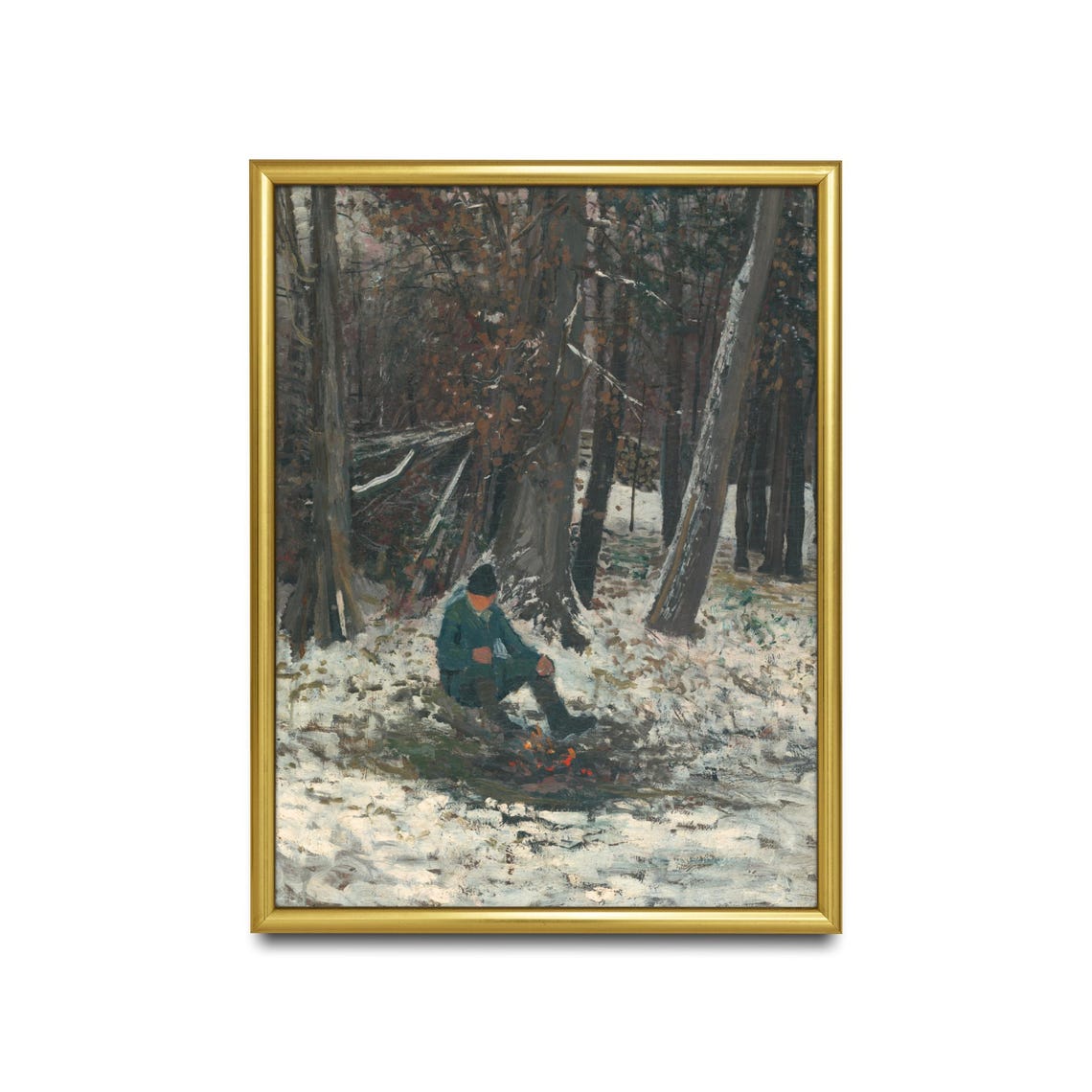 Woodsman Resting by a Campfire in a Snowy Forest Vintage Poster - Image 2
