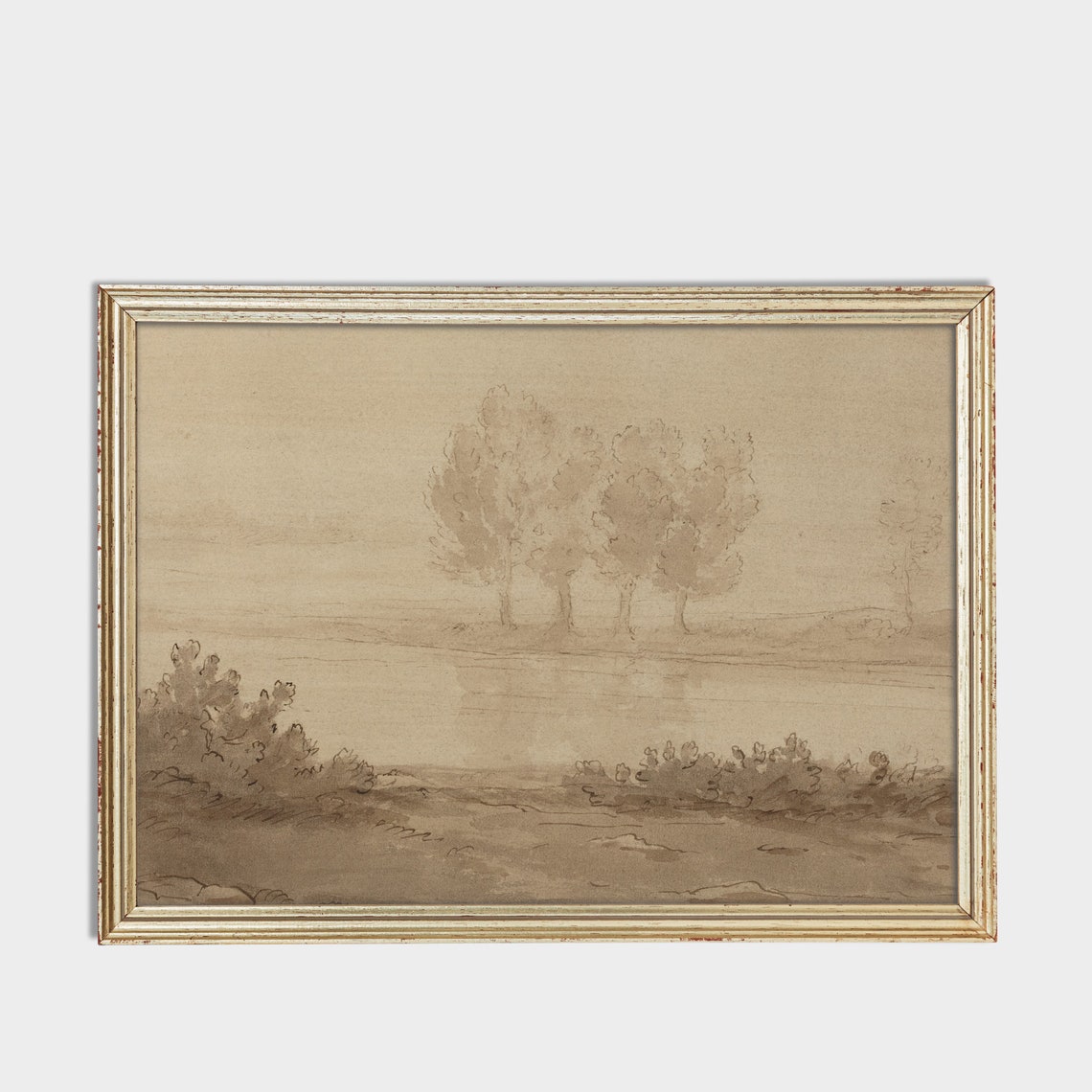 Soft Neutral Landscape Sketch With Trees by a Quiet River Poster - Image 5