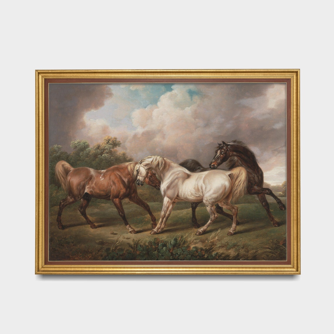 Three Horses Playing in a Meadow Antique Equestrian Art Poster - Image 3