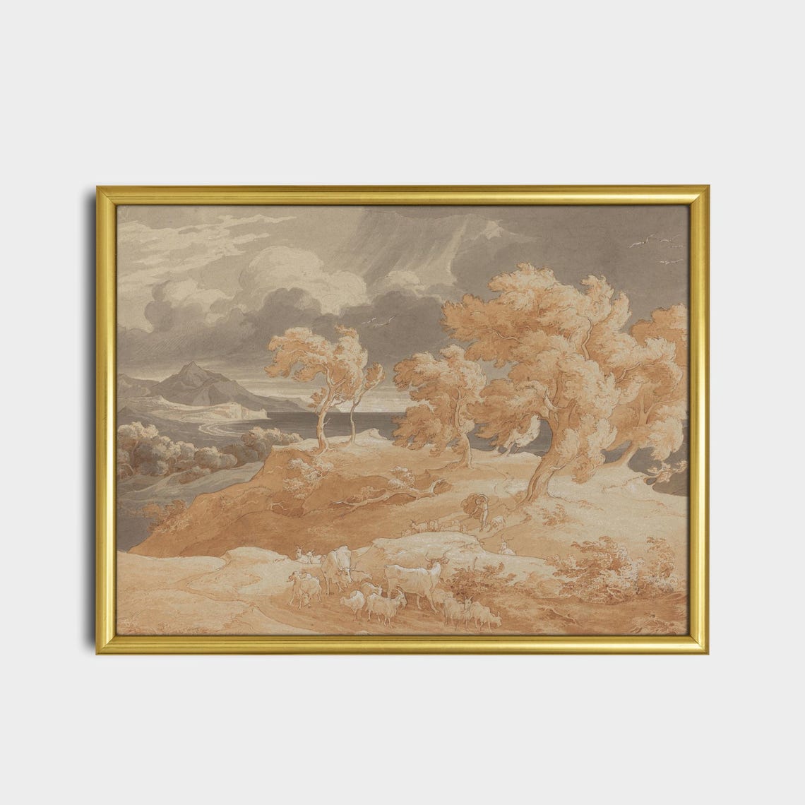 Shepherd with Sheep on Hillside Italian Sepia Landscape Poster - Image 2