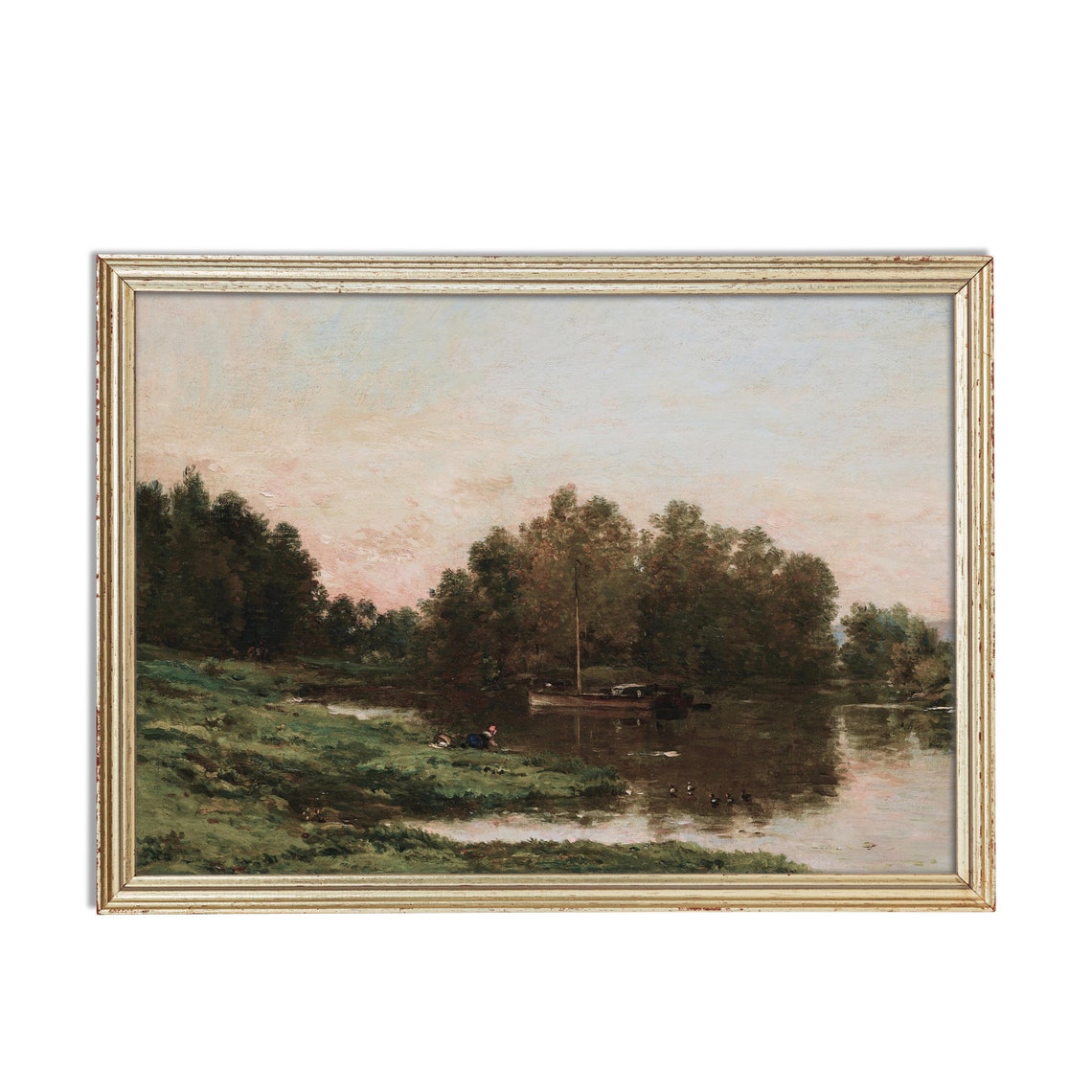 River Boats at Dusk Among Trees Moody Evening Landscape Art Poster - Image 2