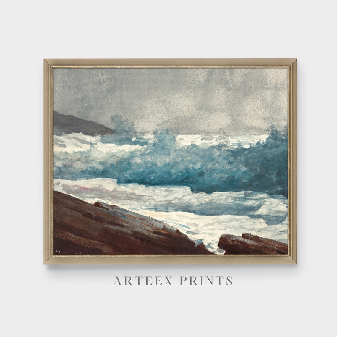 Crashing Ocean Waves Watercolor Coastal Seascape Antique Poster - Image 4