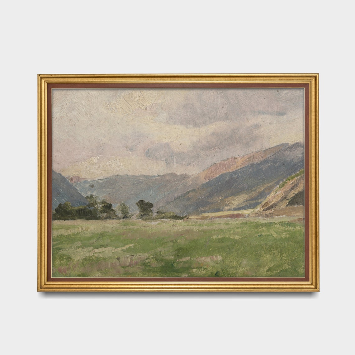 Green Meadow Valley with Distant Mountains Antique Oil Poster - Image 3