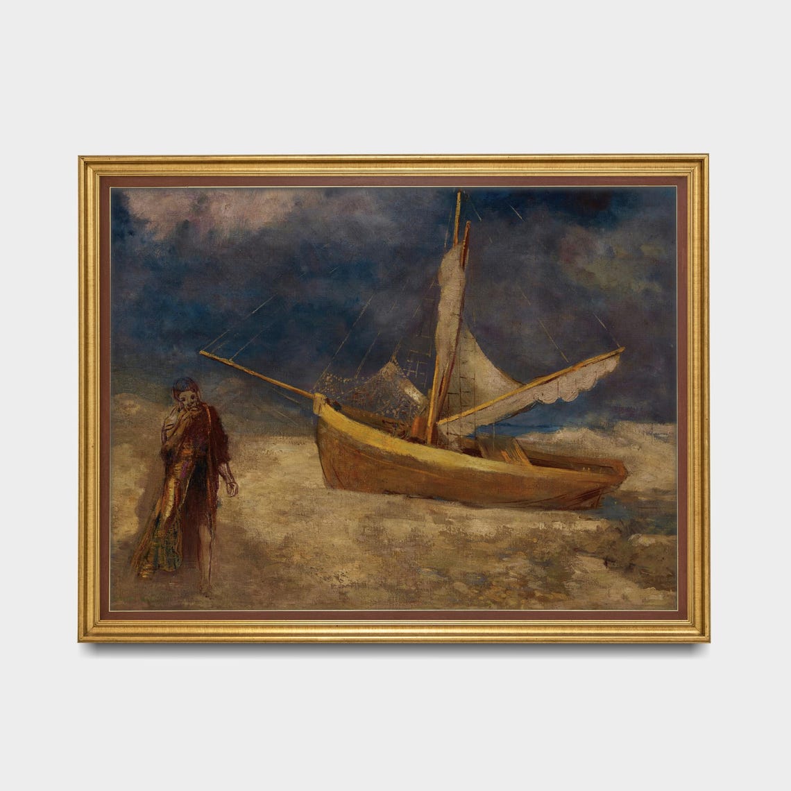 Fisherman Beside A Beached Sailboat At Dusk Vintage Art Poster - Image 5