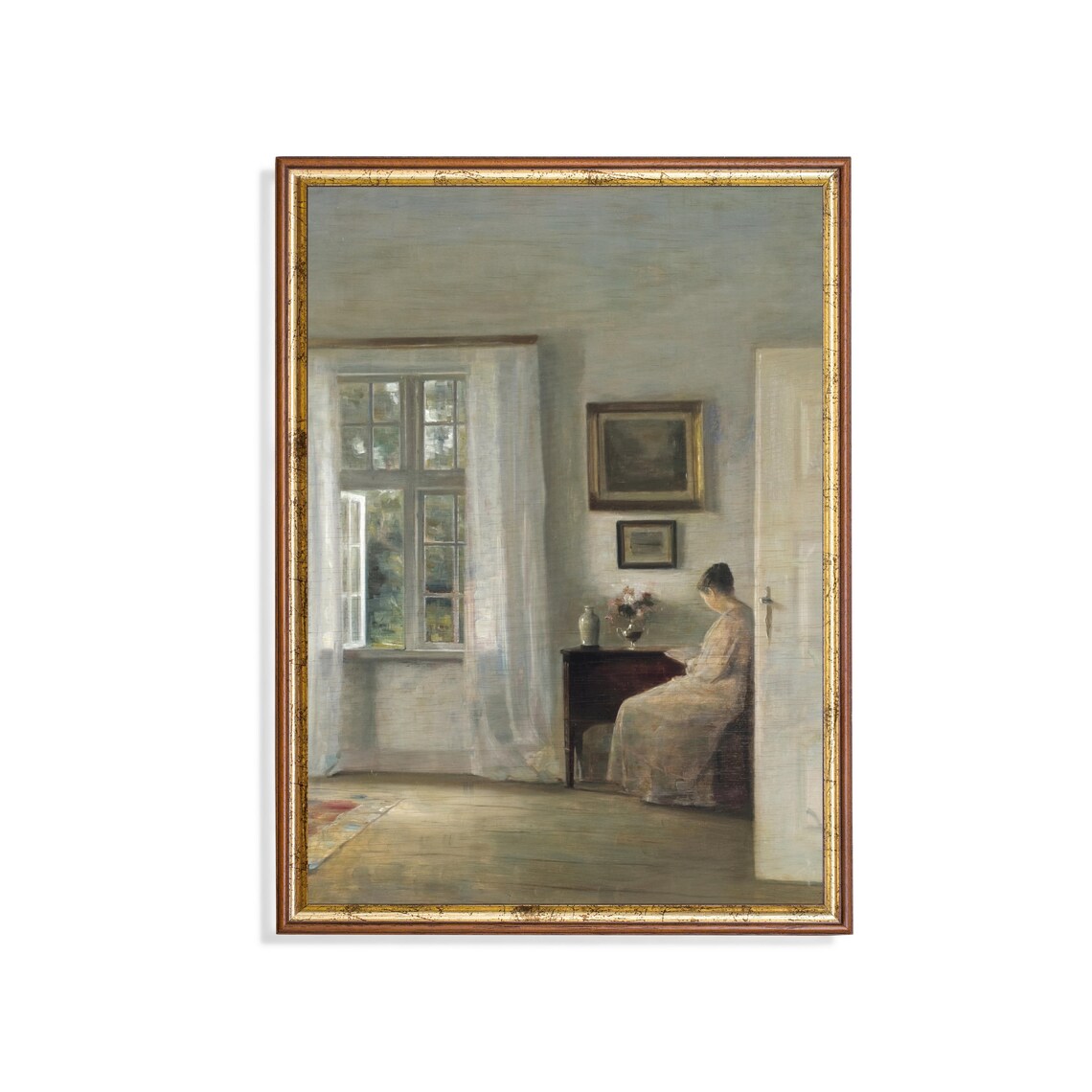 Woman Reading at Desk in Quiet Sunlit Interior Book Lover Poster