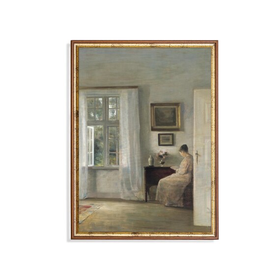 Woman Reading at Desk in Quiet Sunlit Interior Book Lover Poster