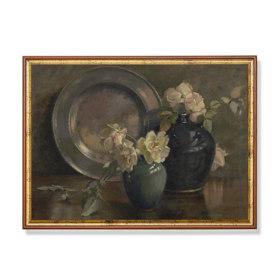Vintage Still Life Painting Still Life With Flowers Antique Floral Print Moody Rustic Print Wall Art