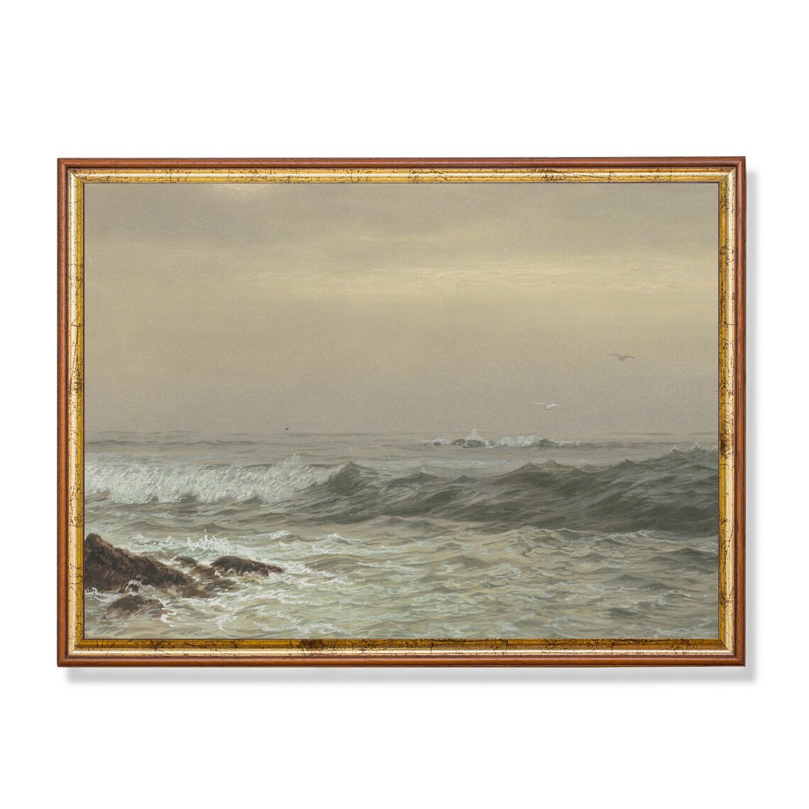 Vintage Seascape Painting, Antique Ocean Beach Art Print
