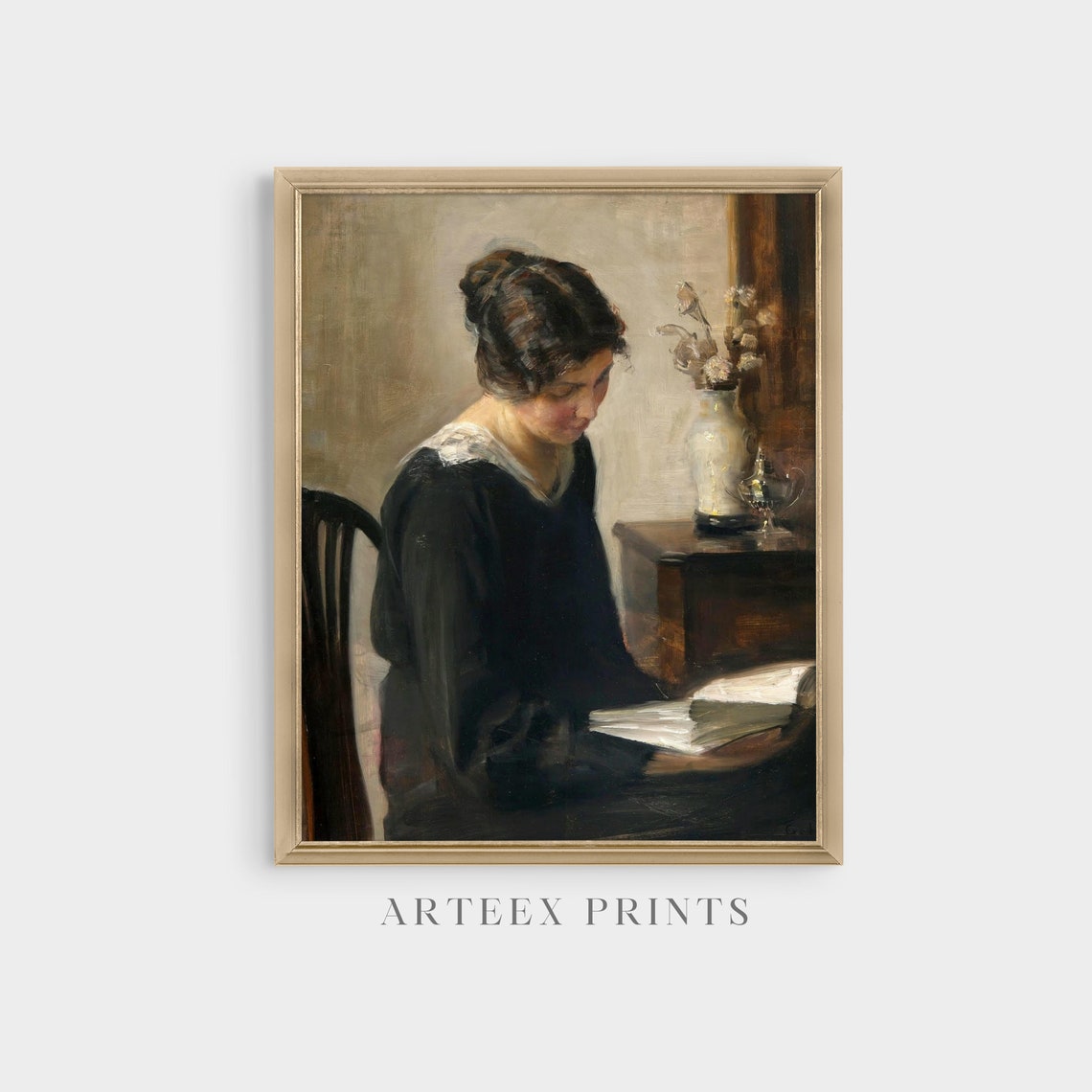 Woman Reading a Book at a Table Vintage Literary Painting Poster - Image 3