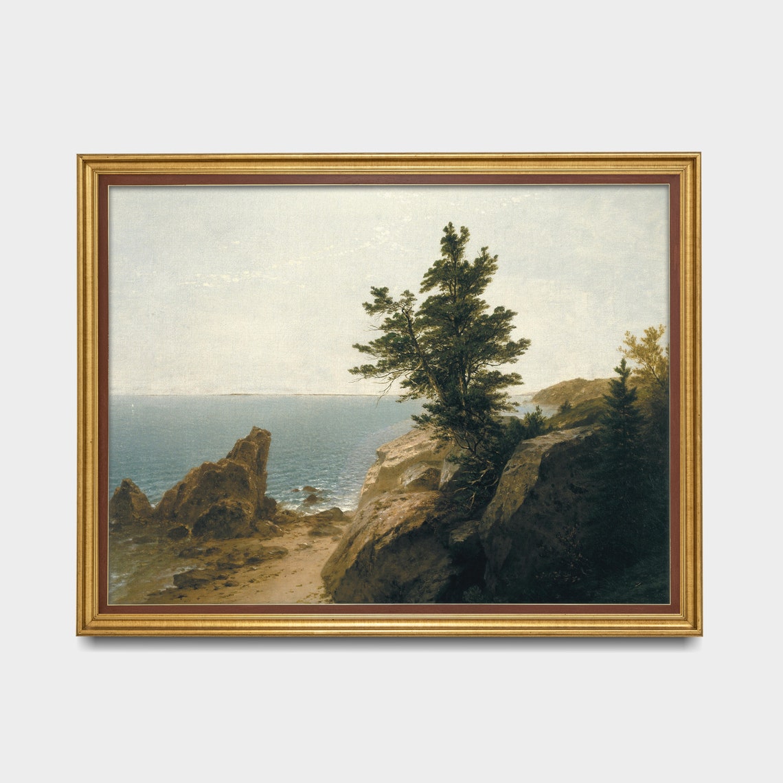 Rocky Coastal Cliff Pine Trees Calm Sea Vintage Seascape Poster - Image 3