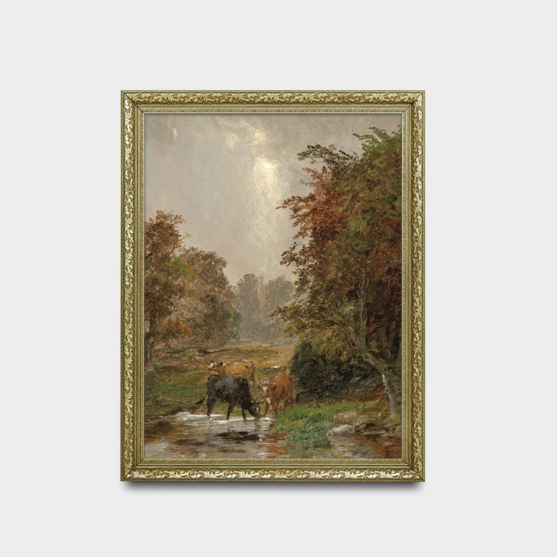 Cattle Drinking at the Stream Antique Autumn Landscape Poster - Image 2