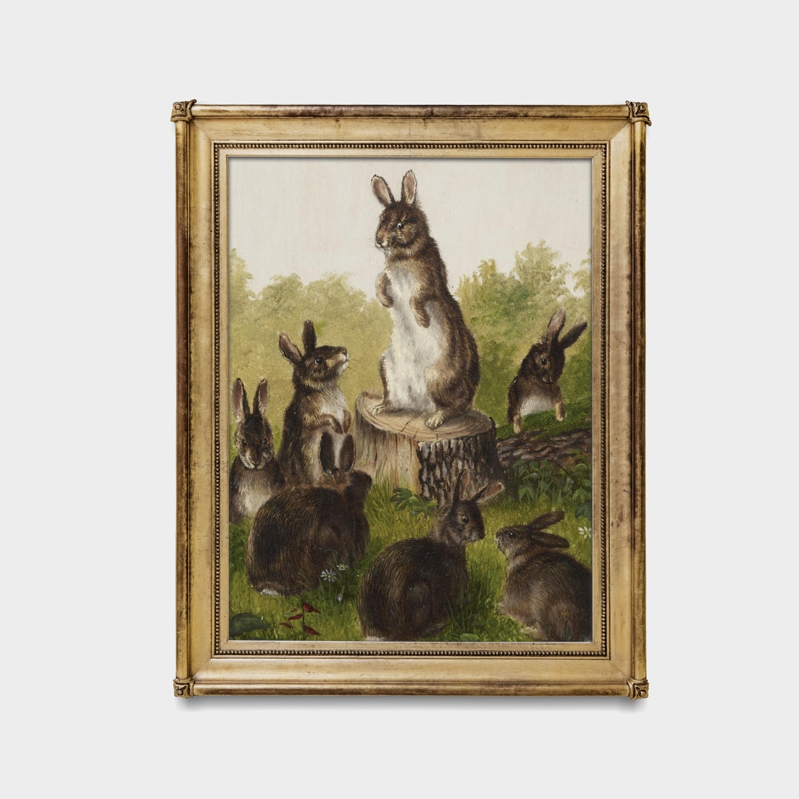 Rabbits Gathering around Tree Stump Vintage Animal Painting Poster - Image 4