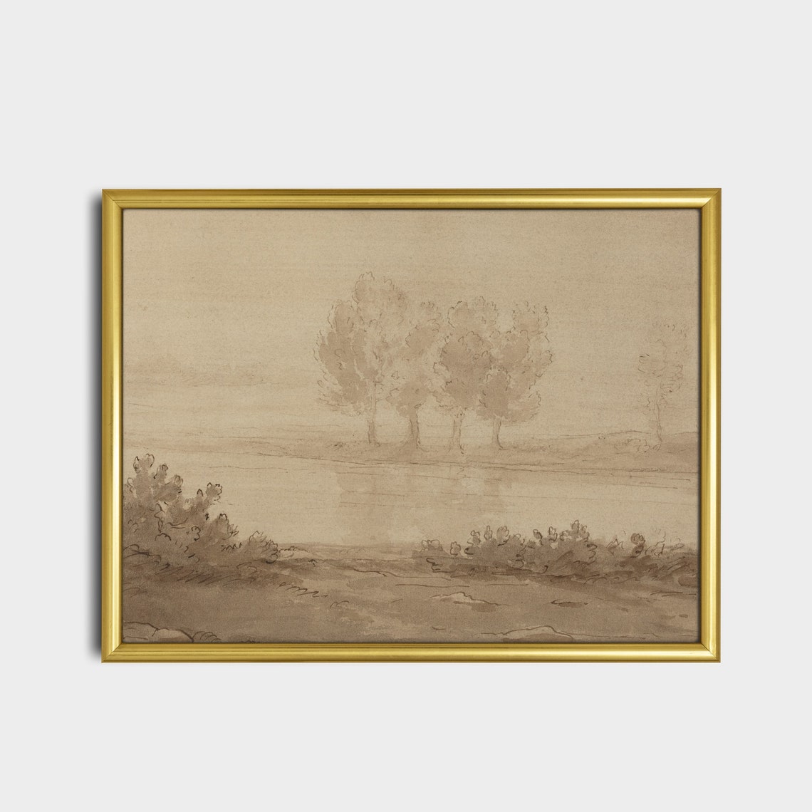 Soft Neutral Landscape Sketch With Trees by a Quiet River Poster - Image 2