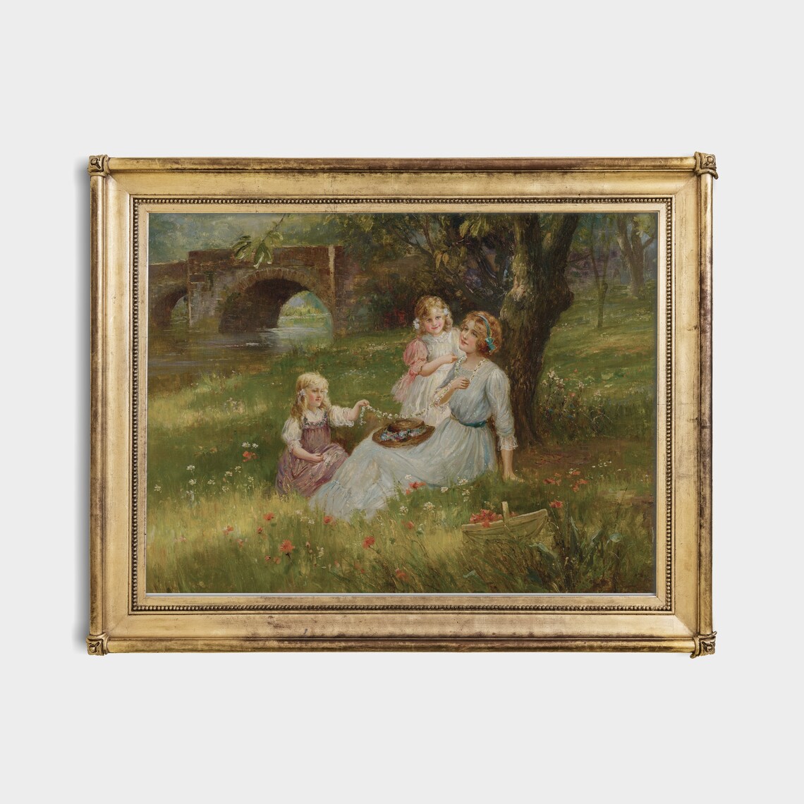 Mother And Daughters Picnic By Bridge Vintage Painting Poster - Image 4