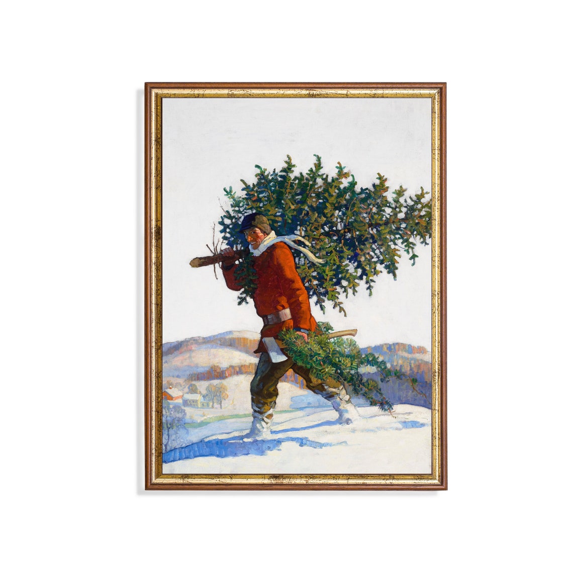 Man Carrying Christmas Tree Through Snow Vintage Winter Poster
