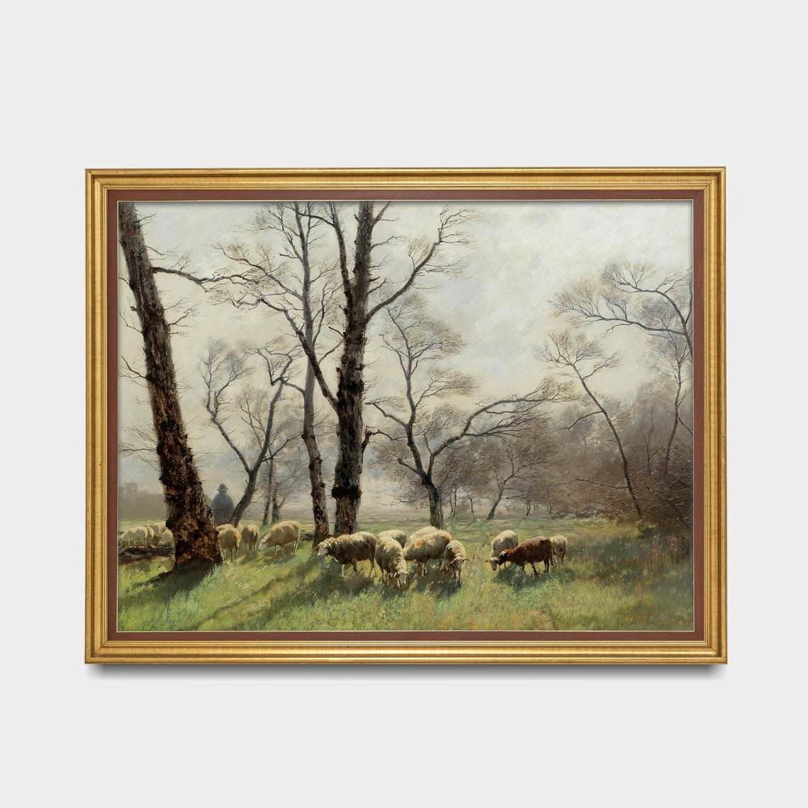Shepherd Watching His Flock of Sheep in Spring Pasture Poster - Image 3