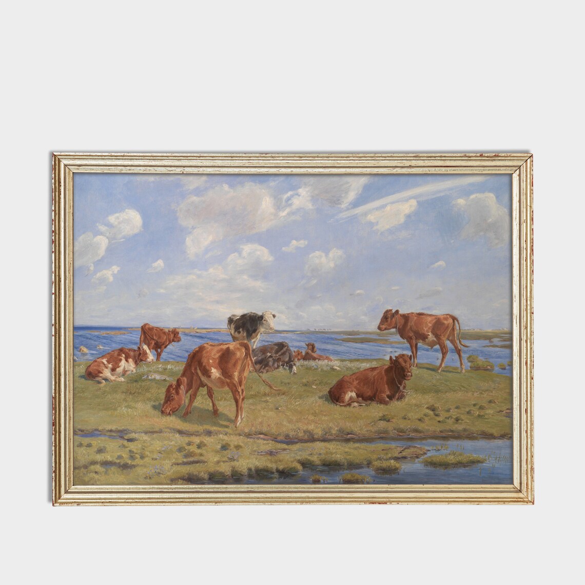 Cows Grazing By The Water Shore Vintage Pastoral Painting Poster - Image 2