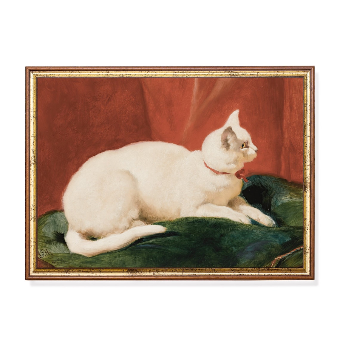 White Cat Vintage Oil Painting Art Print, Farmhouse Decor