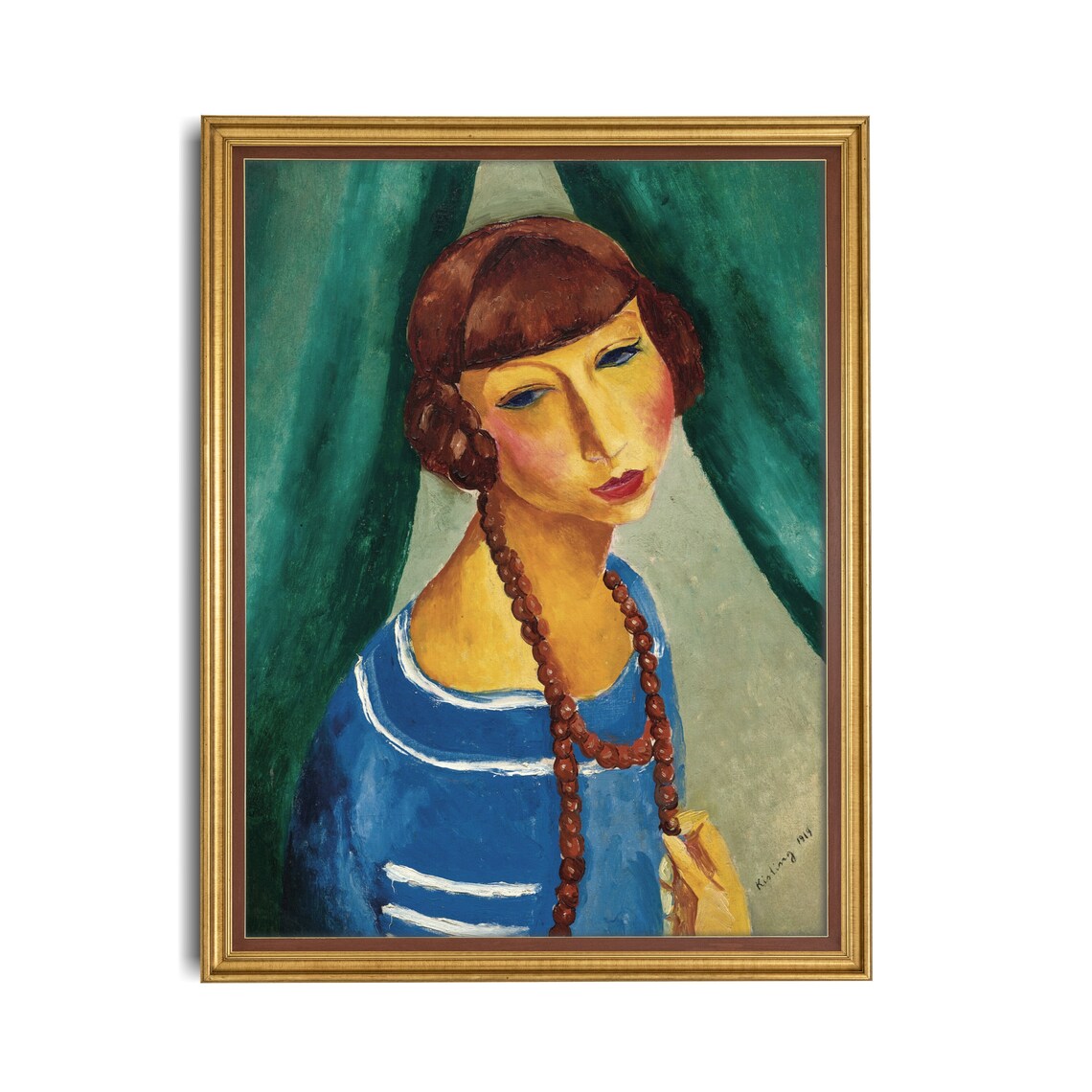 Modernist Portrait of a Woman with a Bead Necklace in a Blue Dress Poster - Image 2